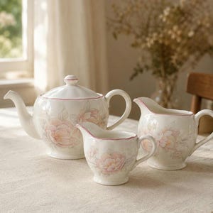 Juego de té vintage de Grindley England, tetera floral con dos jarras de leche a juego.