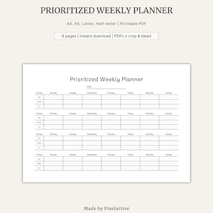 Puede incluir: Un documento PDF imprimible Prioritized Weekly Planner que presenta un diseño de cuadrícula con columnas de lunes a domingo y filas para tareas de prioridad alta, media y baja. El encabezado incluye el texto Prioritized Weekly Planner y Date.