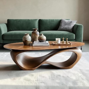 Couchtisch aus Massivholz, organisch geformtes Wellengestell, Mitteltisch aus Walnuss-Eiche, luxuriöses Wohnzimmer