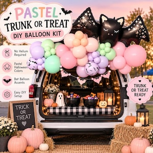 May include: A pastel Trunk or Treat DIY balloon kit featuring a large black bat balloon with star patterns, surrounded by pink, purple, and green balloons. The display includes a chalkboard sign reading Trick or Treat, ghost figures, pumpkins, and lanterns.