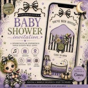 May include: A digital baby shower invitation template featuring a black and white striped theme with purple accents. The design includes a smartphone displaying an interactive invite, a cartoon character holding a snake, and icons for music, registry, maps, countdown, RSVP, and books. Text includes 'Interactive Baby Shower Invitation' and 'Easy to personalize in Canva'.