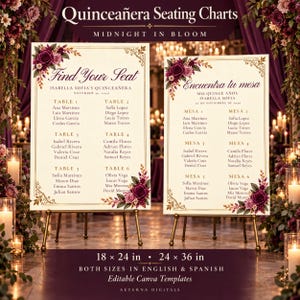 May include: Two rectangular seating charts for a Quinceañera, one in English and one in Spanish, featuring cream backgrounds, gold borders, and dark floral accents. The text includes 'Find Your Seat' and 'Encuentra tu mesa' with guest names.