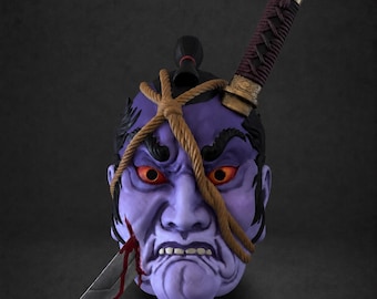 Namakubi-masker, handgeschilderde Japanse samoerai-muurdecoratie, draagbaar masker met afgehakt hoofd.