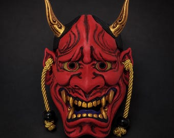 Hannya-masker, handgeschilderde Japanse Noh-muurdecoratie, rood of lichtivoorkleurig draagbaar demonenmasker