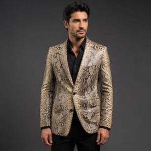 Men's Python Print Leather Blazer, Exotic Snake Print Jacket, Tailored Luxury Outerwear