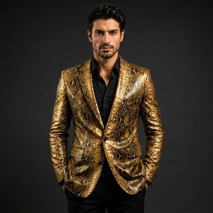 Puede incluir: Una americana con estampado de piel de serpiente en dorado y negro, con solapa de muesca, cierre frontal de un botón y dos bolsillos laterales con solapa. La americana se lleva sobre una camisa negra abotonada y pantalones negros.