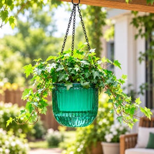 May include: A vibrant emerald green glass hanging planter with vertical ribbed detailing, suspended by three black metal chains. A lush, trailing green ivy plant grows from the pot, with its leaves cascading over the sides.