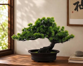 Artificial Juniper Bonsai Tree, Faux Zen Desk Decor, Japanese Style Plant