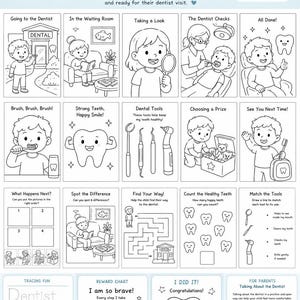 以下が含まれることがあります： My First Dentist準備・アクティビティパック。15ページ以上の白黒イラストが含まれています。塗り絵、ゲーム、なぞり書きシート、ごほうびチャート、修了証、歯科検診のための保護者向けガイドで構成されています。