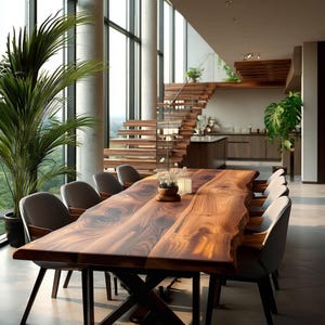 May include: A long dining table with a natural live edge wood slab top and a dark metal X-frame base. The table is surrounded by eight grey upholstered chairs with wooden armrests. A small wooden bowl with dried flowers sits in the centre.