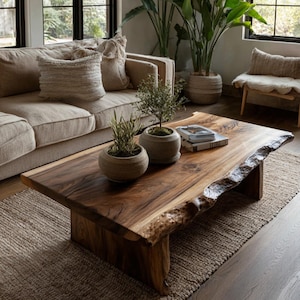 Puede incluir: Una mesa de centro rectangular hecha de madera maciza con un borde natural, que presenta un rico patrón de vetas marrones y dos patas robustas de losa. Dos pequeñas plantas en macetas y una pila de libros se colocan sobre la superficie pulida.