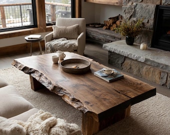 May include: A low-profile coffee table crafted from a single slab of dark brown wood with natural live edges. The rectangular surface features a prominent wood grain pattern and is supported by two thick, matching wooden block legs.