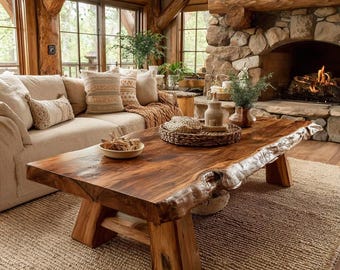 May include: A low-profile coffee table crafted from a single slab of dark brown wood with a natural live edge, supported by two thick wooden block legs. The table surface features a prominent wood grain and sits on a textured woven rug.