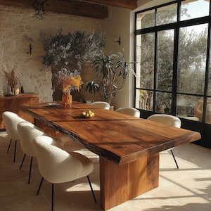 May include: A large rectangular dining table with a natural live edge wood grain surface and a solid wood pedestal base, surrounded by six cream-coloured textured fabric chairs with thin black metal legs, positioned in a bright room.