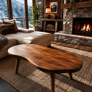 May include: A kidney-shaped coffee table crafted from dark brown wood with a smooth, polished surface and a natural grain pattern. The table features three tapered wooden legs that provide a stable base for the rounded, organic-shaped tabletop.