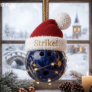 May include: A blue and white marbled bowling ball ornament wearing a red knit Santa hat with a white pom-pom and a white faux fur brim featuring the embroidered text Strike!. The ball is wrapped in thin gold wire with small star lights.