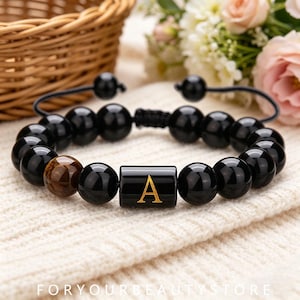 adjustable a initial black onyx bracelet, 10mm beaded stretch friendship jewelry