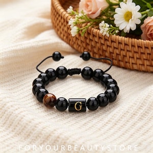 adjustable g initial black onyx bracelet, 10mm beaded couple jewelry