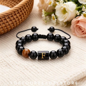 adjustable f initial black onyx bracelet, 10mm beaded couple jewelry