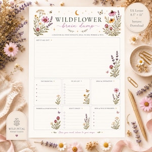 Op de afbeelding: Een wit papieren plannerblad getiteld Wildflower brain dump met bloemillustraties, een halve maan en secties voor prioriteiten, takenlijsten, ideeën, zorgen en overwinningen. Tekst bevat US Letter 8.5 x 11 en Instant Download.