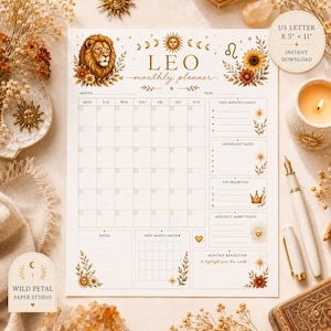 May include: A Leo monthly planner page measuring 8.5 inches by 11 inches, featuring a lion illustration, sun motifs, and floral accents. The layout includes a calendar grid, sections for goals, important dates, priorities, habits, and notes.