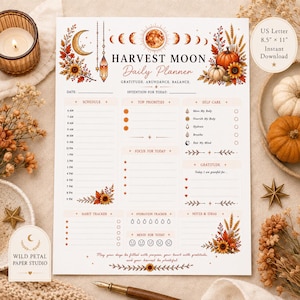 Peut inclure: Une feuille de planning quotidien Harvest Moon avec un en-tête de phases lunaires, des illustrations de citrouilles et de tournesols, et des sections pour l'emploi du temps, les priorités, le bien-être, la gratitude, les habitudes et l'hydratation.