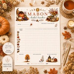 May include: A Mabon habit tracker paper sheet with a grid for 31 days, featuring autumn illustrations of pumpkins, cornucopias, and foliage. The text reads Mabon habit tracker, Month, This month I am focusing on, Milestones, Notes & Reflections, You can do hard things, Small steps, wild heart, and US Letter 8.5 x 11 inches.