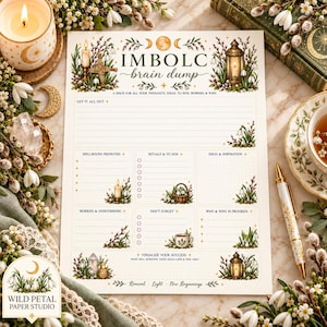 Pode incluir: Uma folha de papel cor de creme intitulada IMBOLC brain dump com secções para prioridades, rituais, ideias, preocupações e sucessos. A página apresenta ilustrações botânicas de campainhas-brancas, salgueiros, velas e lanternas.