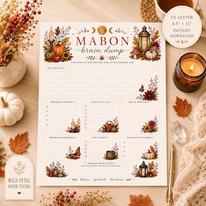 May include: A Mabon brain dump planner page featuring autumn illustrations of pumpkins, lanterns, candles, and fall foliage. The layout includes sections for spellbound priorities, rituals, ideas, and worries, measuring 8.5 inches by 11 inches.