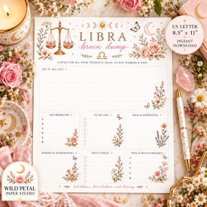 Può includere: Un foglio planner Libra brain dump di 21,6 cm per 27,9 cm, con bilance dorate, illustrazioni floreali e sezioni per priorità, liste di cose da fare, idee, preoccupazioni e successi, con il testo Libra brain dump e motivi celestiali.