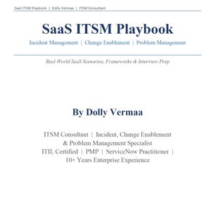 May include: A white document cover titled SaaS ITSM Playbook by Dolly Vermaa. It lists Incident Management, Change Enablement, and Problem Management. The text includes ITSM Consultant, ITIL Certified, PMP, ServiceNow Practitioner, and 10+ Years Enterprise Experience.