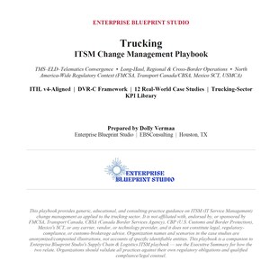 May include: A white document titled Trucking ITSM Change Management Playbook by Enterprise Blueprint Studio. It includes text about TMS-ELD-Telematics, ITIL v4-Aligned, DVR-C Framework, 12 case studies, and a disclaimer about regulatory compliance.