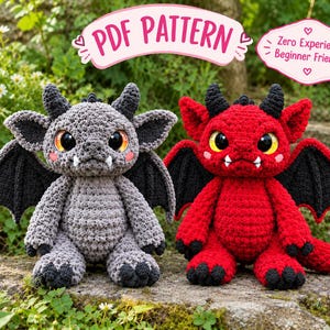 May include: Two crocheted dragon plushies, one grey and one red, each featuring black wings, horns, and claws, with large orange and yellow eyes and small white fangs. The image includes text that reads PDF PATTERN and Zero Experience Beginner Friendly.