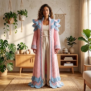 May include: A long, floor-length crochet coat featuring a light pink body with light blue trim, tiered ruffled shoulders, and a scalloped hemline with fringe detailing. The coat is worn over a simple white tank top and light-colored trousers.