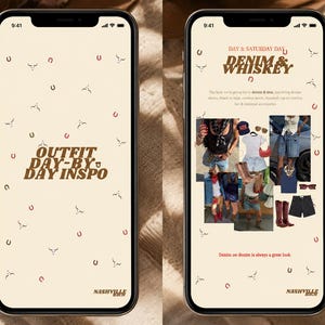 Puede incluir: Dos teléfonos inteligentes muestran una guía de estilo digital con fondo crema, texto marrón y pequeños iconos de herraduras y cráneos de toro. Las pantallas presentan el texto OUTFIT DAY-BY-DAY INSPO, DAY 2: SATURDAY DAY, DENIM & WHISKEY y NASHVILLE ROCH.