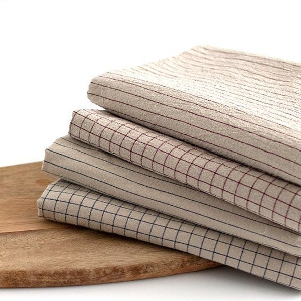 Tissu mélangé de lin de coton, carreaux ou rayures bordeaux et marine, fil teint, biolavage, tissu coréen de qualité par mètre MD