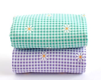 Daisy Soft Cotton Interlock Knit, Daisies and Checks, Mint, Purple, Quality Korean Fabric By the Yard /49901