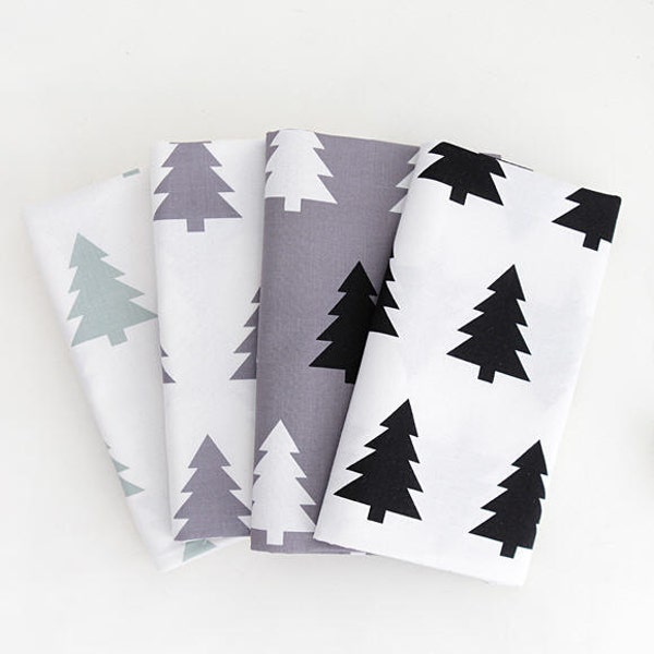 Trees Cotton Fabric, Black Trees, Gray Trees, Mint Trees - Fabric By the Yard 68985