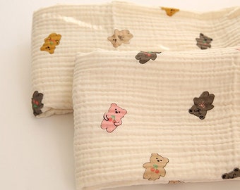 Teddy Bears Cotton Blend Triple Gauze Fabric, Wrinkled Gauze, Teddy Bear Fabric in 2 Styles Quality Korean Fabric By the Yard / 52678