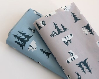 Trees and Animals Waterproof Fabric, 58 Inches Wide, Sky Blue, Gray - By the Yard /53199