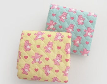 Quilted Cotton Fabric, Bears and Hearts, Quality Korean Fabric - Yellow, Mint - Fabric By the Yard /56868