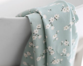 Cotton Fabric Flowers, White Flowers Fabric, Small Floral Fabric, Mint Fabric, Quality Korean Fabric - By the Yard /10883