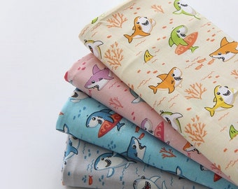 Sharks Cotton Fabric, Animl Print Cotton Fabric - Pink, Yellow, Blue, Grey - Quality Korean Fabric By the Yard /60044