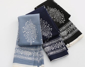 Lightweight Cotton Linen Fabric, Korean Fabric, Ethnic Print, Blue, Navy or Black - By the Yard 42597-1