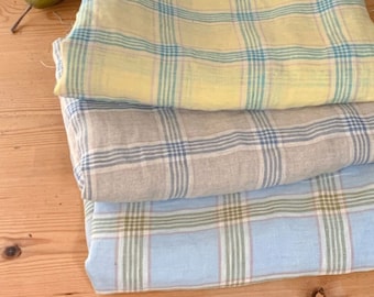 Wide Width Checkered 100% Linen Fabric, Korean Fabric - Beige, Yellow, Blue - By the Yard / 54512