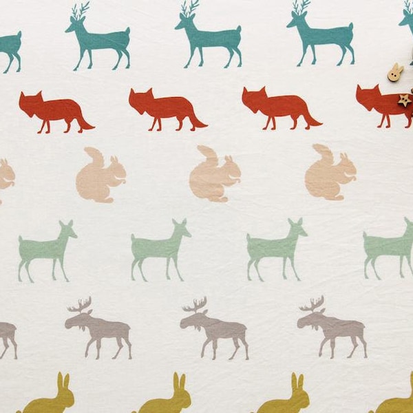 Forest Animals Cotton Fabric - Deer, Fox, Rabbit, Squirrel, Moose - By the Yard 68781