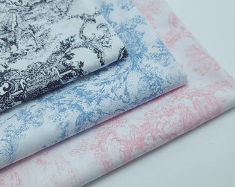 Vintage Painting 100% Cotton Fabric, Toile de Jouy Fabric, Pink, Blue, Black, 59 inches Wide Fabric - Quality Korean Fabric By the Yard /JW