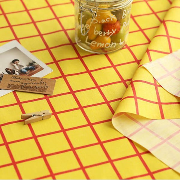 Yellow Red Checkered Cotton Blend Fabric, Red Plaid on Yellow - By the Yard 845 - 137