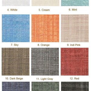 May include: A chart of 16 different fabric swatches, each with a different color and texture. The swatches are labeled with numbers and names, including Light Green, Yellow Green, Yellow, White, Cream, Mint, Sky, Orange, Indi Pink, Dark Beige, Light Gray, Red, Navy, Khaki, Black, and Beige.