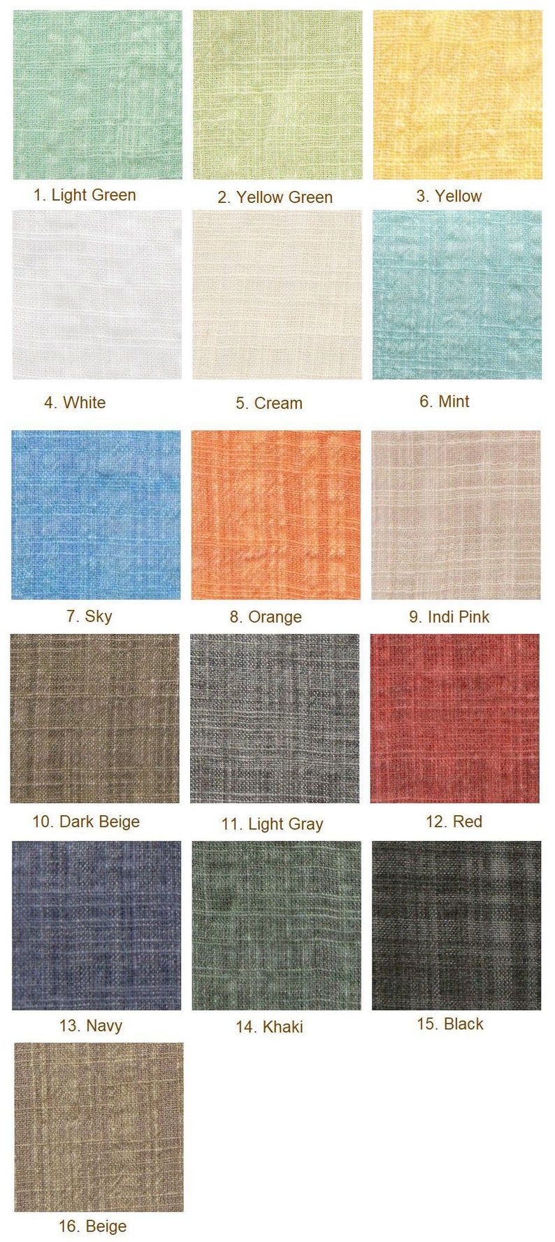 May include: A chart of 16 different fabric swatches, each with a different color and texture. The swatches are labeled with numbers and names, including Light Green, Yellow Green, Yellow, White, Cream, Mint, Sky, Orange, Indi Pink, Dark Beige, Light Gray, Red, Navy, Khaki, Black, and Beige.
